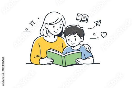 Parenting. Parent and child sitting together reading a book, calm cozy atmosphere of care, learning, and emotional connection. Minimalist flat vector