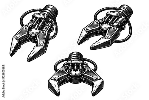 Robotic hand industrial manipulator claw. Black and white dot style with halftone texture and high contrast. Halftone texture with partial