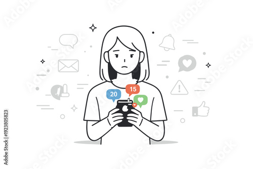Emotional exhaustion. A character with a neutral, flat expression holding a phone with many notifications, surrounded by fading icons and soft abstract shapes.