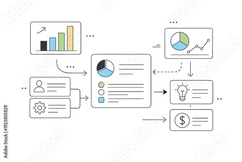 Business diagram illustration. Abstract charts, cards, and directional arrows arranged to explain relationships and structure. Calm professional tone with