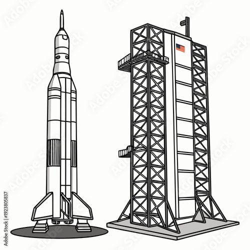 Ultra realistic depiction of a heavy orbital launch pad with rocket