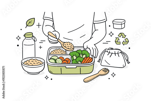 Eco-friendly lunch preparation. A person packing a reusable lunchbox with fresh vegetables and grains, subtle leaf and container icons floating, calm and