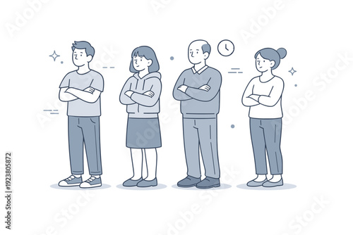 Arms crossed waiting. Small group of figures standing in line, each with arms crossed or hands tucked, neutral expressions. Shared waiting experience and quiet