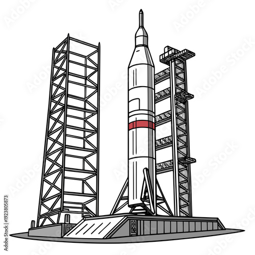 Ultra realistic rocket standing on launch pad with towers