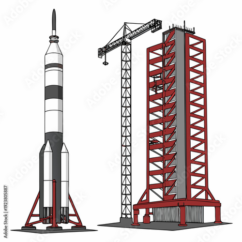 Ultra realistic of a space rocket and launch tower
