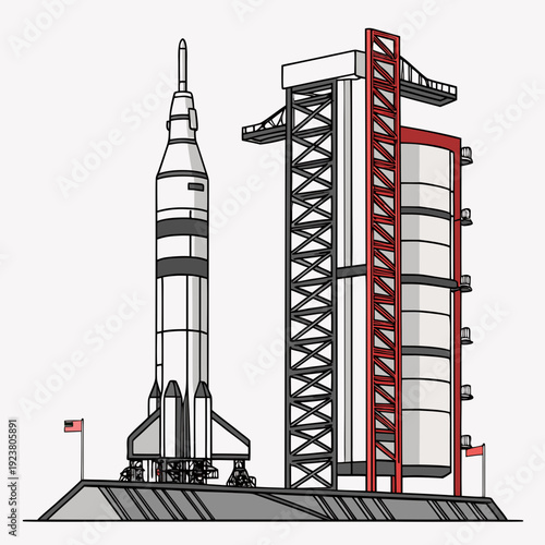 Rocket on launchpad with service tower space launch site