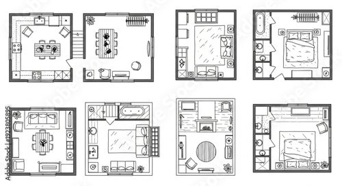 Detailed architectural floor plans showcasing various room layouts and designs for homes.