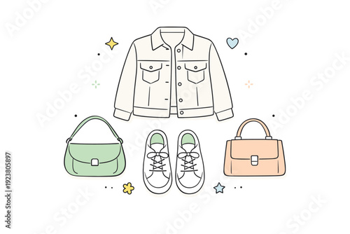 Minimal spring outfit flat lay. Simple illustrated jacket, shoes, and bag arranged symmetrically from a top view. Modern fashion feel, tidy organization,