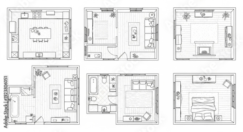 Detailed architectural floor plans showcasing various room layouts and designs for interior spaces.