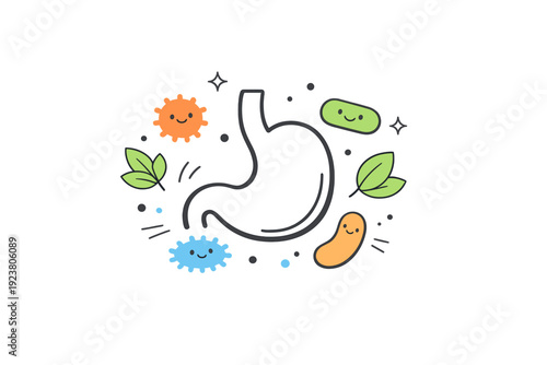 Gut health balance. A clean editorial scene with a simplified stomach icon surrounded by small friendly bacteria shapes, leaves, and dots, representing harmony