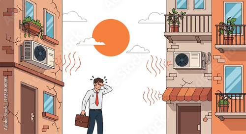 Illustration of a businessman experiencing heat wave in a city with air conditioners on buildings and a large sun in the background.