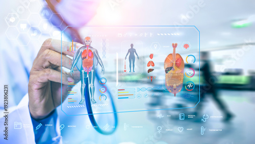 Tableau sur toile Medical longevity concept showing a doctor’s hand touching a glowing virtual interface  Body Scan on a blue technology background