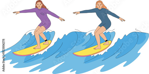 Surfing woman illustration, female surfer riding ocean wave on surfboard summer beach sport vector 