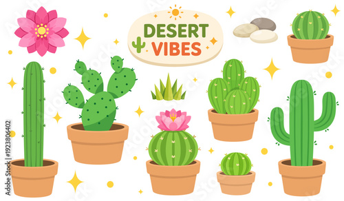 Desert Cactus Set Potted Succulent Collection Blooming Prickly Plant Tropical Botanical Illustration