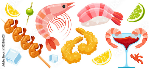 Seafood Collection Vector Set Shrimp Sushi Tempura Cocktail Lemon Isolated Food Elements