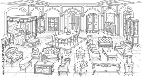 Elegant interior design sketch showcasing luxurious furniture and architectural details.