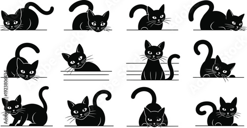 Black cat vector illustration set, playful feline poses, cute cartoon animals, minimalistic design, creative character icons, stock art collection