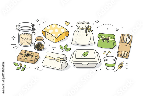 Sustainable packaging flatlay concepts ? plastic-free alternatives. A tidy flatlay with glass jars, paper wraps, fabric pouches,