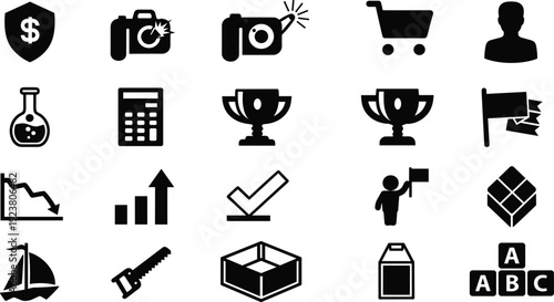 Business and education icon set, finance, science, shopping, photography, achievement, construction, packaging, childhood learning, modern vector illustration collection