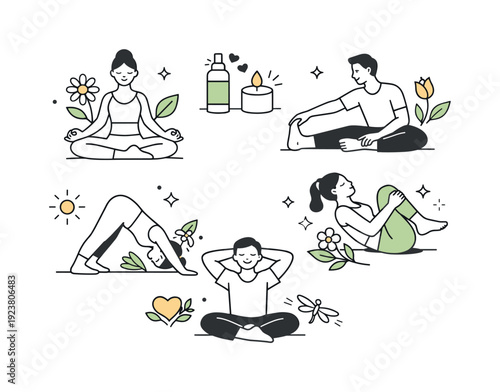 Diverse people practicing yoga and meditation for wellness and relaxation