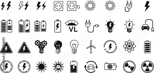 Electricity energy icons set, power renewable solar wind battery plug lightning bulb car gear atomic vector illustration pack