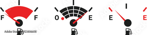 Fuel gauge icon set, vehicle dashboard symbols, empty and full tank indicators, automotive measurement, petrol meter, modern vector illustration collection