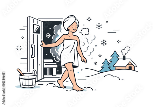 Woman in towel exiting sauna into snowy winter landscape with cozy cabin