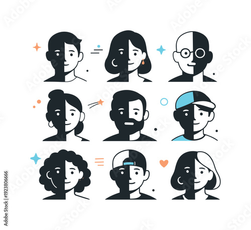 Diverse group of stylized avatars with split faces, representing individuality and diversity