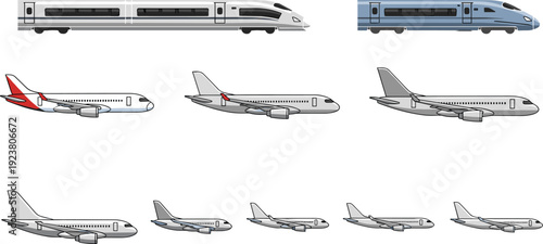 Modern high speed train and commercial passenger airplanes vector illustration set, transportation vehicles collection isolated on white background