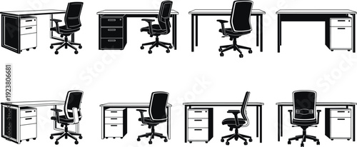 Office desk and chair vector set, modern workplace furniture, ergonomic design icons, black and white illustration, business interior collection
