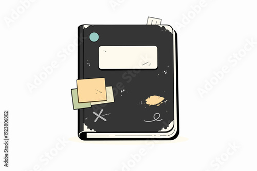 Messy real-life surfaces. A worn notebook cover shows bent corners, stains, and overlapping marks, highlighting tactile history and use over