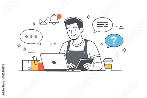 Customer support in ecommerce. A business owner responding to messages on a laptop or tablet, calm and approachable. The scene communicates friendly service