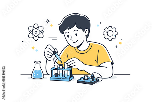 Hands-on learning. A person experimenting with a small science kit, subtle atom and gear icons floating, curious and engaging atmosphere.
