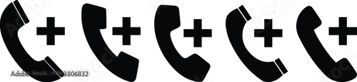 Phone Receiver with Plus Icon Set – Call, Add Contact and Medical Emergency Telephone Symbols Vector Illustration