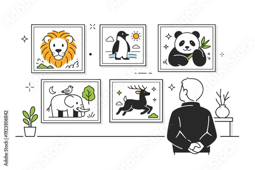 Wild animals in modern art. A gallery-style scene with framed animal illustrations on the wall, viewed by a calm observer. The mood is