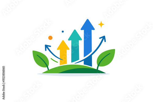 Spring new beginnings minimal metaphor with leaves, arrows and rising shapes, expressing momentum, clarity and the energy of a fresh start. Minimalist flat