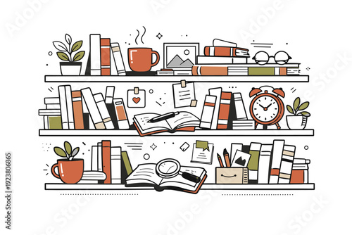 Shelves overcrowded details. A bookshelf packed with books in varied sizes and angles, with small objects like mugs, notes, and plants tucked in between,