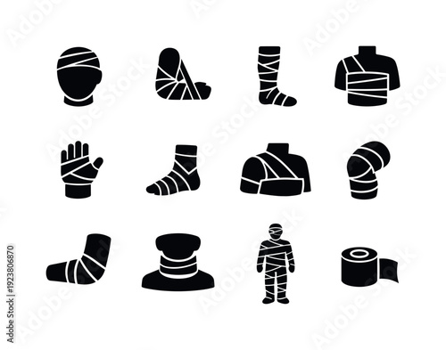 Set of medical bandages and injury support icons for healthcare and recovery