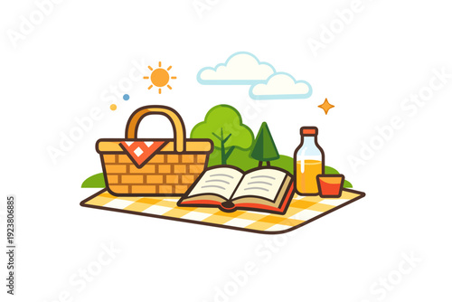 Picnics in the park inspired by a peaceful break from busy city life. A clean illustration with a basket, book, and gentle cloud shapes