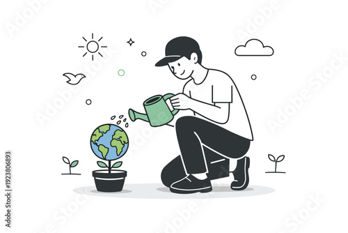 Protecting the planet. A person watering a small Earth-shaped plant, gentle action and long-term care. Warm optimistic editorial metaphor