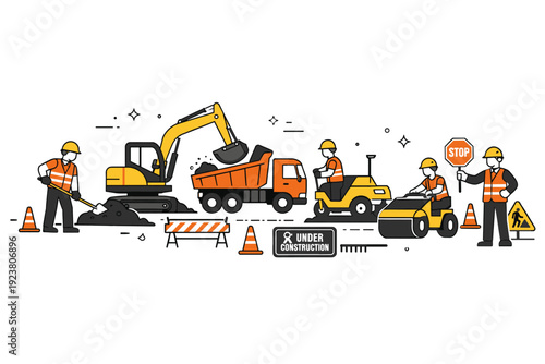 Road construction process. Workers and machinery repairing or building a road segment, showing progress and maintenance. Simple cones, barriers, and tools keep