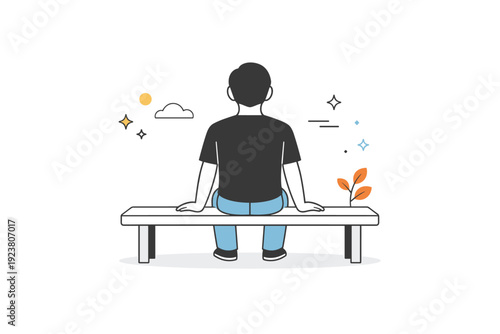 Back views anonymous people. A person sitting on a bench seen from the back, looking forward, shoulders relaxed. Quiet pause and reflective