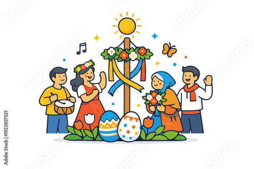 Spring cultural celebration people gathering around symbolic decorations and flowers, expressing shared joy, tradition and seasonal renewal. A warm editorial