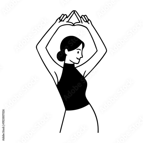 Día internacional de la mujer. 8 de marzo. Dibujo sencillo con líneas de mujer de pie haciendo el símbolo feminista con las manos por encima de la cabeza 