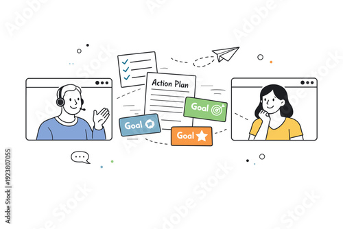 Remote mentorship session. Mentor and mentee connected through video call screens with shared notes and goal cards floating between. Modern coaching and