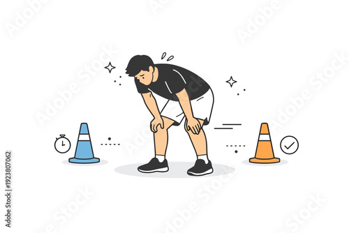 Shuttle run drills. End-of-set moment with athlete slowing down near cones, hands on knees catching breath. Sense of exertion, progress, and training