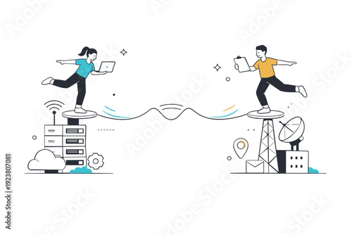 Remote infrastructure. Characters maintaining balance as signals travel between far-apart abstract structures. The illustration highlights reliability and