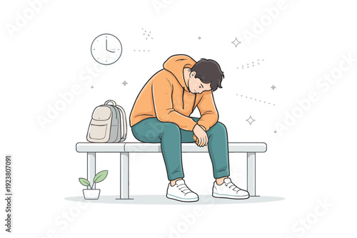 People sitting slouched. A person sitting on a bench, upper body slightly folded forward, feet planted firmly. The scene reflects waiting, heaviness, and quiet