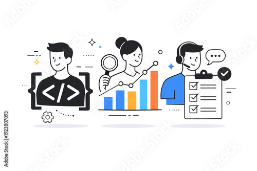 People merged with job functions. Abstract scene with multiple employees partially overlapping with role icons such as code brackets, graphs, and checklists.