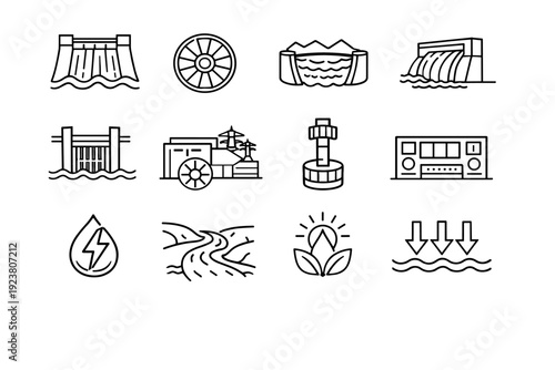 Hydroelectric Energy. Line icon set of Hydroelectric Energy: dam wall, water turbine, reservoir, spillway, hydro flow arrows, water intake gate, hydroelectric